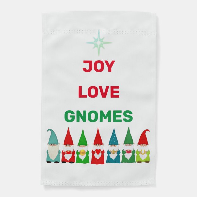 Joy, Love & Christmas Gnomes on White Garden Flag (Front)