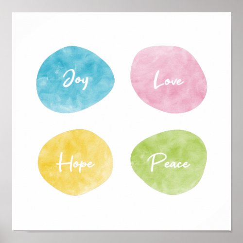 Joy Love Hope Peace Watercolour Pebbles Poster