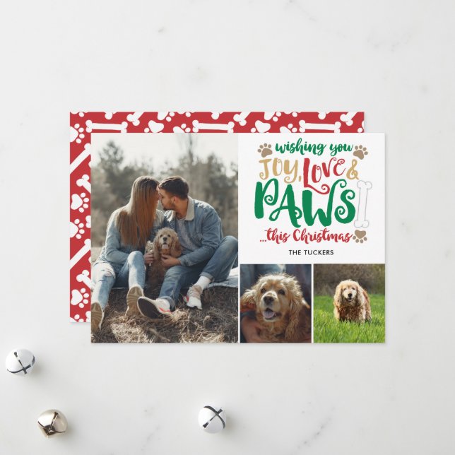 Joy Love Paws Christmas Dog Red Green 3-Photo Holiday Card (Front/Back In Situ)