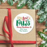 Joy Love PAWS Dog Christmas Paw prints Sticker<br><div class="desc">This Christmas sticker features the expression "Joy Love & PAWS" in whimsical red, green and gold typography with cute little paw prints and a bone! Perfect for dog lovers! Contact us if you would like this design modified for your specific number of photos or if you need this design applied...</div>