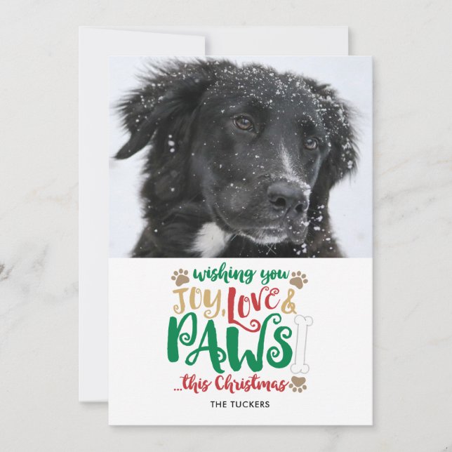 Joy Love Paws Dog Christmas Photo Holiday Card (Front)