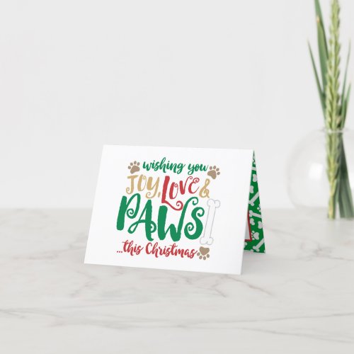 Joy Love Paws Dog Merry Christmas Red  Green Holiday Card