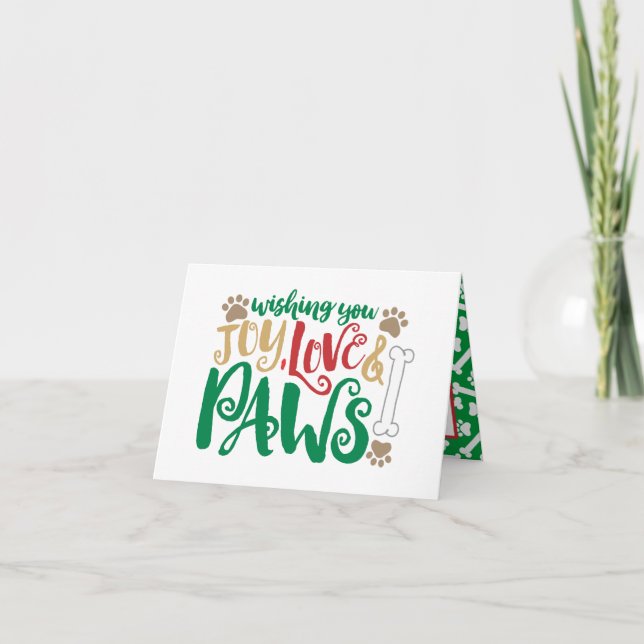 Joy Love Paws Peace Dog Paw Prints Red & Green Holiday Card (Front)