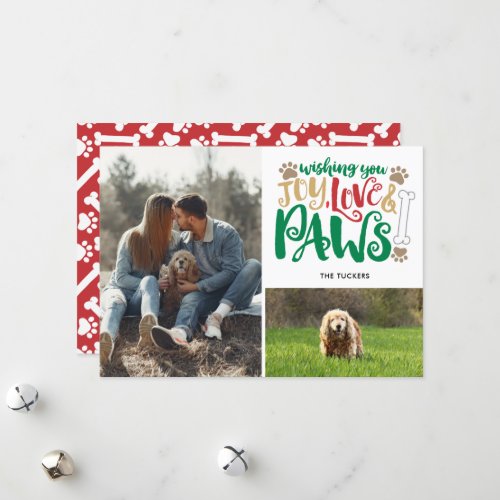 Joy Love Paws Peace Dog Red Green 2_Photo Holiday Card