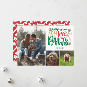 Joy Love Paws Peace Dog Red Green 3-Photo Holiday Card