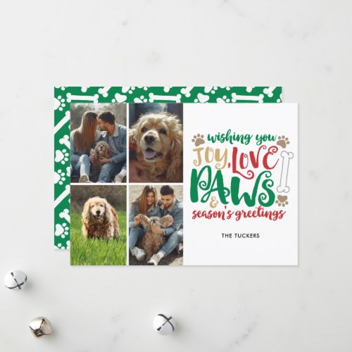 Joy Love Paws Seasons Greeting Dog Green 4_Photo Holiday Card