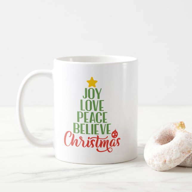 Joy, Love, Peace, Believe, Christmas Tree Coffee M Coffee Mug (With Donut)