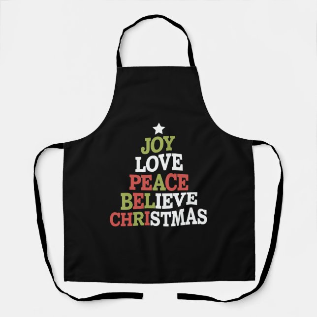 Joy Love Peace Believe Christmas Tree Family  Apron (Front)