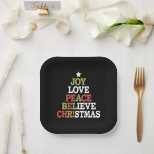 Joy Love Peace Believe Christmas Tree Family  Paper Plates