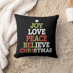 Joy Love Peace Believe Christmas Tree Family  Throw Pillow