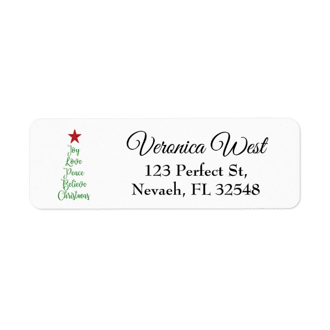 Joy Love Peace Believe Christmas Tree with Red Label (Front)