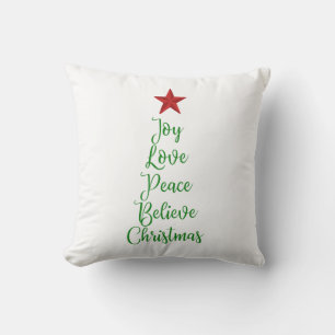 Joy Love Peace Believe Christmas Tree with Red Throw Pillow