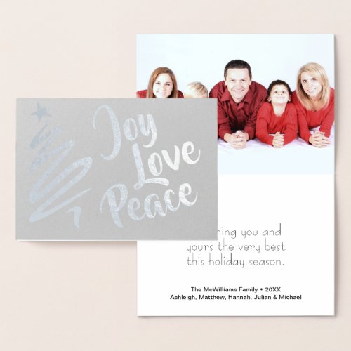 Joy Love Peace Brush Script Christmas Tree Silver Foil Card