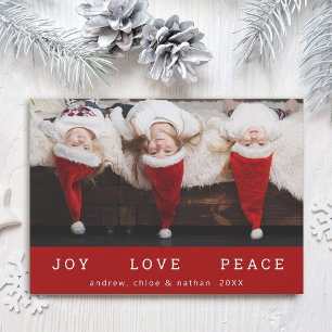 JOY LOVE PEACE Christmas Funny Photo Red Holiday Card