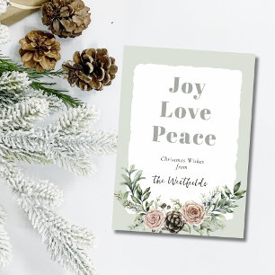 Joy Love Peace Christmas Roses Pine Cone Holiday Card