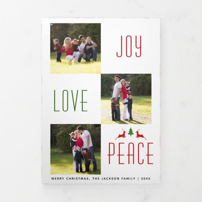 Joy Love Peace deer, tree pattern Christmas photo Tri-Fold Holiday Card (Cover)