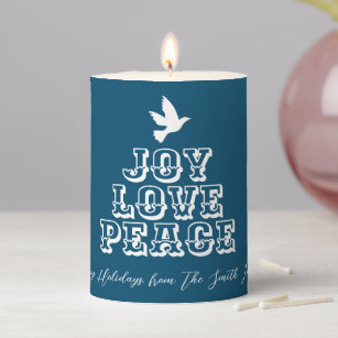 Joy love peace dove white christmas tree blue pillar candle