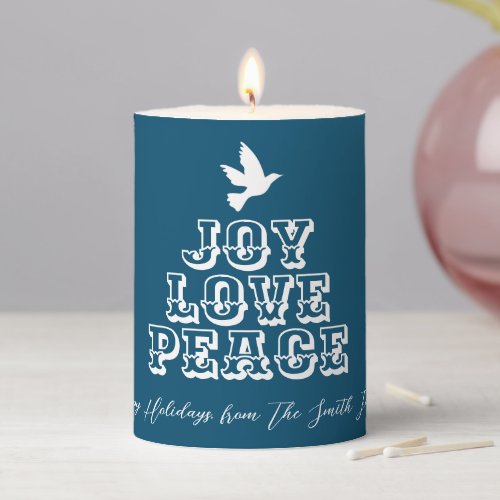 Joy love peace dove white christmas tree blue pillar candle