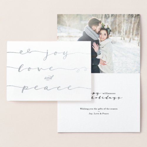 Joy Love  Peace  Elegant Handwriting Holiday Foil Card