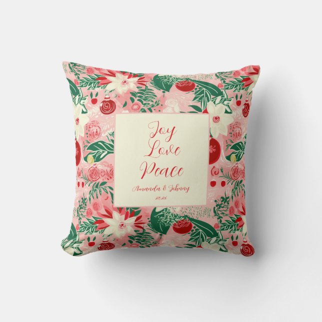Joy Love Peace Pink Red Floral Throw Pillow (Front)