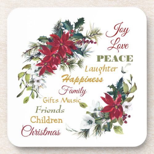 Joy Love Peace Poinsettia Christmas Beverage Coaster