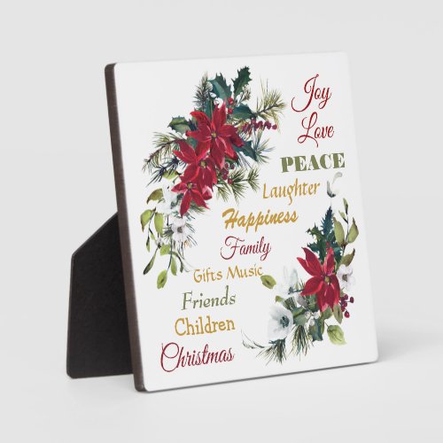 Joy Love Peace Poinsettia Christmas Plaque