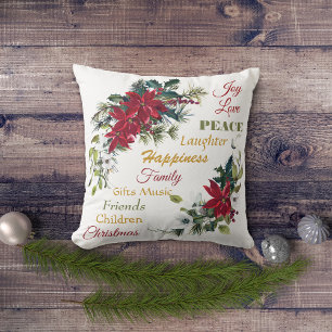 Joy Love Peace Poinsettia Christmas Throw Pillow