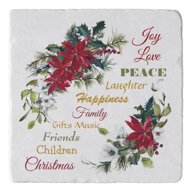 Joy Love Peace Poinsettia Christmas Trivet (Front)