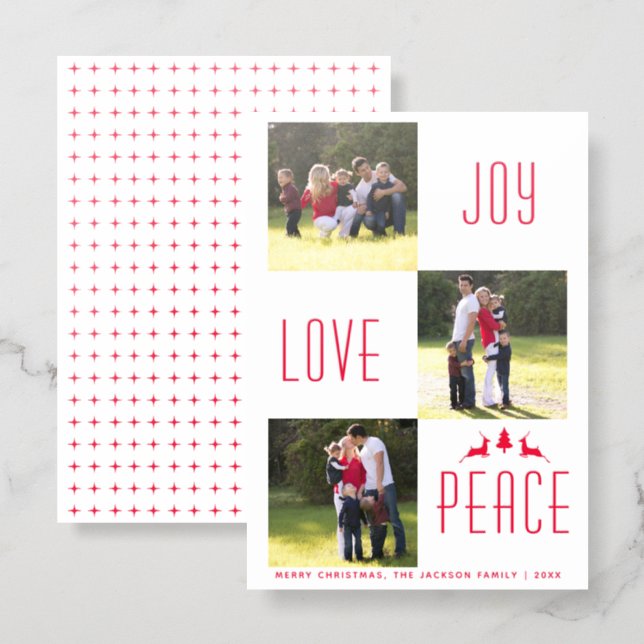 Joy Love Peace red, white Christmas holiday Letterpress Photo Cards (Front/Back)