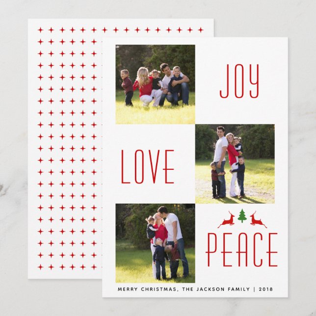 Joy Love Peace red, white Christmas photo card (Front/Back)