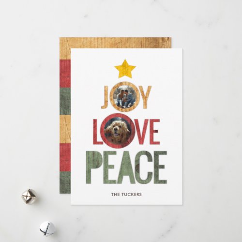 Joy Love Peace Rustic Photo Christmas Tree Holiday Card