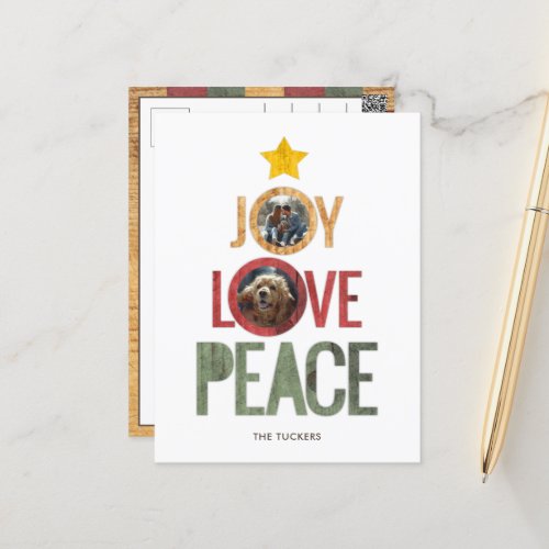Joy Love Peace Rustic Photo Christmas Tree Holiday Postcard