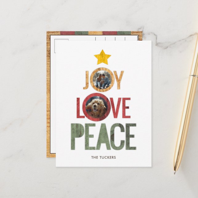 Joy Love Peace Rustic Photo Christmas Tree Holiday Postcard (Front/Back In Situ)