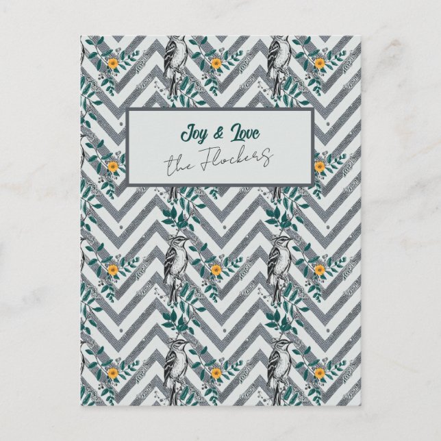 Joy & Love - Zigzag Bird & Flower Pattern Postcard (Front)
