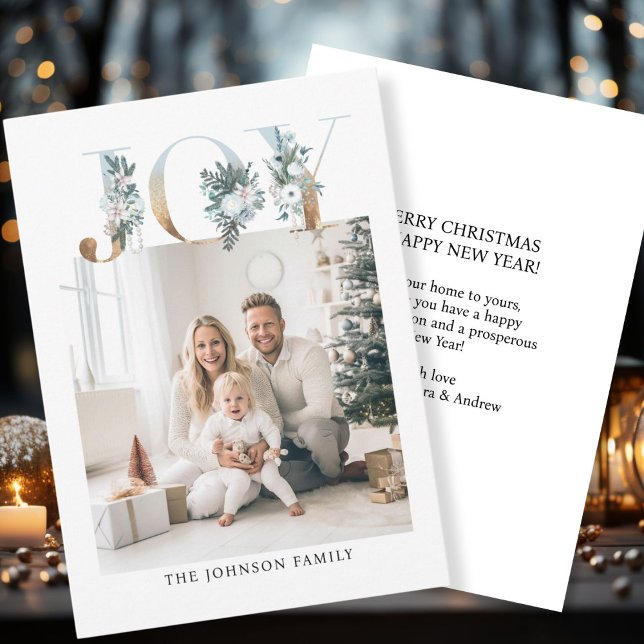 JOY-Merry Christmas!   Modern, simple photo  Holiday Card (Customer specific "Joy-Merry Christmas" white-gold, photo holiday card. )