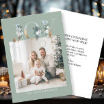 JOY-Merry Christmas!   Modern, simple photo  Holiday Card<br><div class="desc">Customer specific "Joy-Merry Christmas" photo holiday card. Celebrate the joy of the holiday season with this beautifully designed, customizable photo card. The elegant light green background frames your personal family photo perfectly, making your holiday greetings stand out with style. Across the top, the word "JOY" is artfully displayed in festive,...</div>