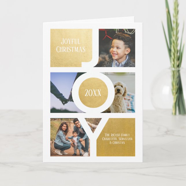 Joy Merry Christmas Photo Personalized Faux Gold Card (Front)