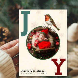 JOY Merry Christmas Photo Winter Bird Holiday Card