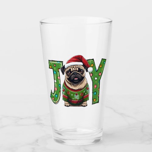 JOY Merry Christmas Pug Santa  Glass