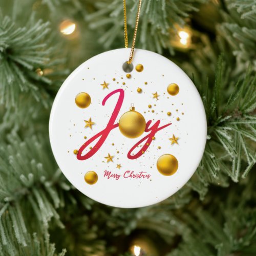 Joy _ Merry Christmas with Gold Glass Ball Ceramic Ornament