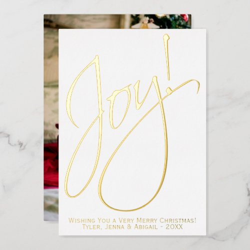 Joy Minimalist Christmas Gold  White Photo Back Foil Holiday Card