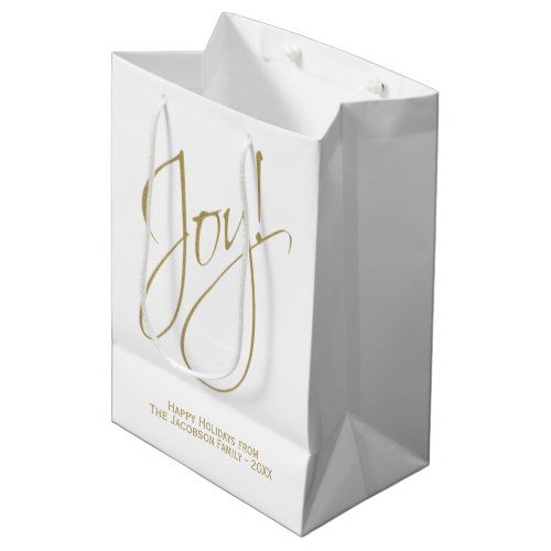 Joy Minimalist Gold and White Elegant Holiday Medium Gift Bag