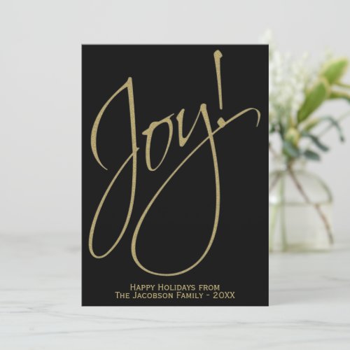 Joy Minimalist Gold  Black Family Photo Holiday Card