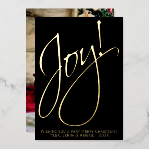 Joy Minimalist Gold  Black Photo Back Christmas Foil Holiday Card