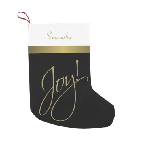 Joy Minimalist Sophisticated Gold Black  White Small Christmas Stocking