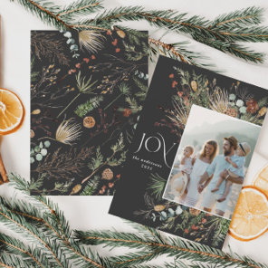 Joy modern 1 photo watercolor botanical floral hol holiday card