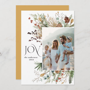 Joy modern 1 photo watercolor botanical floral holiday card