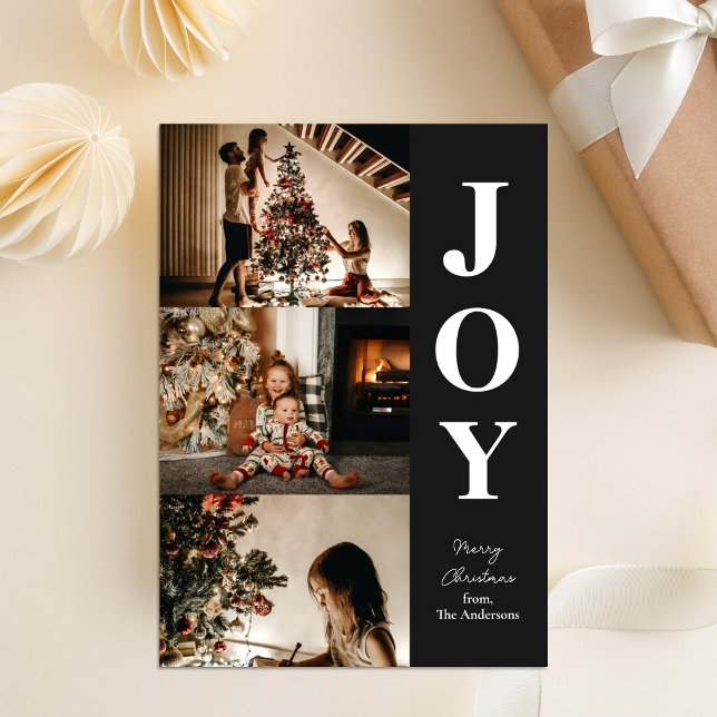 Joy Modern Black Christmas 3 Photo Collage Holiday Card (Creator Uploaded)