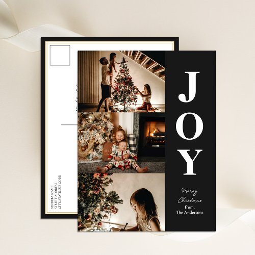 Joy Modern Black Christmas 3 Photo Collage Holiday Postcard