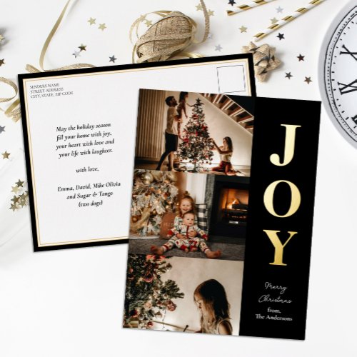Joy Modern Black Gold Christmas 3 Photo Collage Foil Holiday Postcard